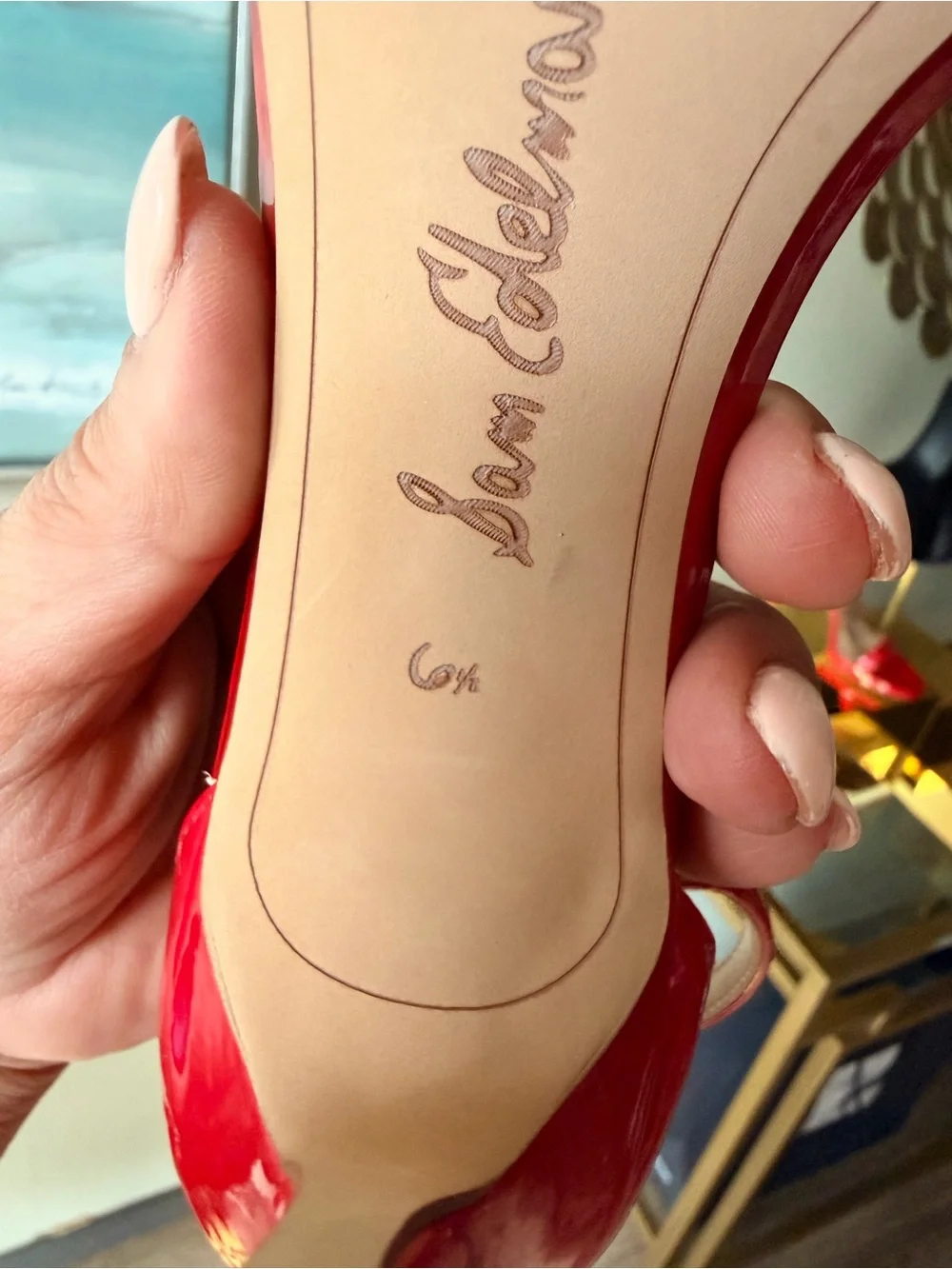 Sam Edelman Red Patent Ankle-Strap Heels with Gold Accents - Picture 10 of 13